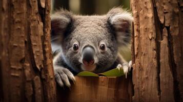 ai generiert ein Koala ist spähen aus von hinter ein Baum. generativ ai foto