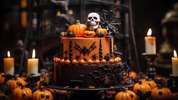 ai generiert Halloween-Themen Kuchen mit kompliziert Dekorationen. generativ ai foto