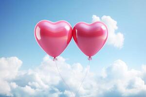 ai generiert zwei herzförmig Luftballons schwebend im das Himmel. generativ ai foto