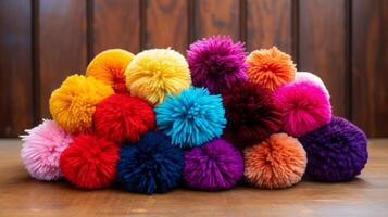 ai generiert Garn Pompons im beschwingt Farben, Hinzufügen ein spielerisch berühren. generativ ai foto