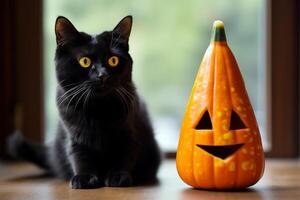 ai generiert ein Süßigkeiten Mais und schwarz Katze Halloween behandeln. generativ ai foto