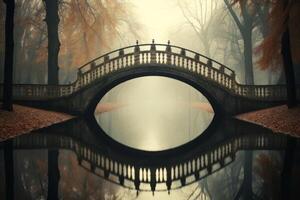 ai generiert ein symmetrisch Betrachtung von ein Brücke überspannend über ein friedlich Kanal. generativ ai foto
