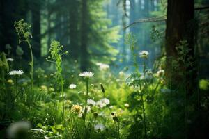 ai generiert zart Wildblumen im das Mitte von ein grün Wald. generativ ai foto