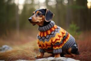 ai generiert ein gestrickt Hund Sweatshirt mit ein spielerisch Muster. generativ ai foto