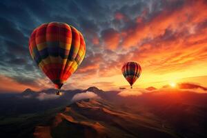 ai generiert ein Trio von heiß Luft Luftballons steigend beim Sonnenaufgang. generativ ai foto