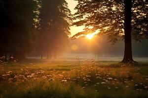 ai generiert ein still Wiese geküsst durch das Rahmen Sonne. generativ ai foto