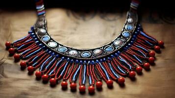 ai generiert kompliziert Perlenstickerei auf ein Stammes- Halskette. generativ ai foto