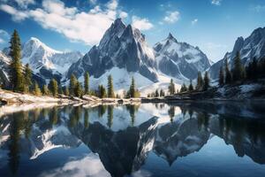 ai generiert hoch aufragend Spitzen reflektiert im ein glasig alpin See, ein malerisch natürlich Szene. generativ ai foto