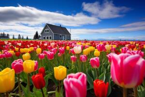 ai generiert beschwingt Tulpe Felder Erstellen ein atemberaubend Anzeige von Farbe im Frühling. generativ ai foto