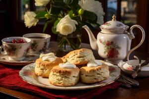 ai generiert ein Teller von frisch gebacken Scones mit geronnen Creme. generativ ai foto