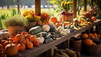 ai generiert Herbst Landwirte Markt mit ein Vielfalt von Kürbisse. generativ ai foto