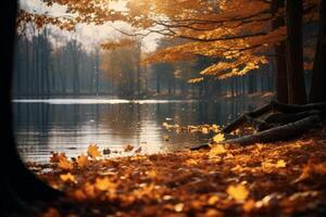 ai generiert golden Blätter fallen durch ein still See. generativ ai foto