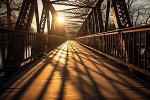 ai generiert Sonnenlicht Gießen lange Schatten auf ein Brücke. generativ ai foto