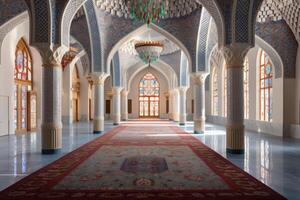 ai generiert ein Moschee Innere geschmückt mit bunt Wandteppiche zum eid. generativ ai foto