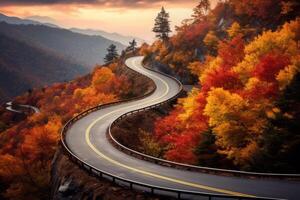 ai generiert ein Wicklung Berg Straße mit Schichten von beschwingt Herbst Farben. generativ ai foto