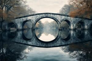 ai generiert ein symmetrisch Betrachtung von ein historisch Brücke gespiegelt im ein friedlich Fluss. generativ ai foto