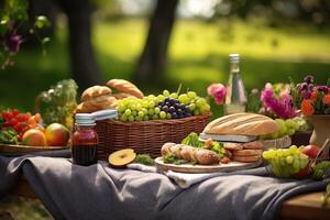 ai generiert Frühling Picknick Konfiguration Attrappe, Lehrmodell, Simulation mit ein gewebte Korb, Sandwiches, und frisch Früchte. generativ ai foto