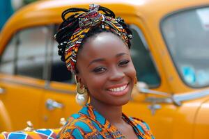ai generiert ehrgeizig afrikanisch weiblich Unternehmer im Wagen. generieren ai foto