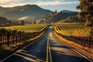 ai generiert ein Straße durch ein malerisch Weinberg. generativ ai foto