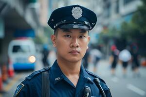 ai generiert konzentriert asiatisch Polizei Offizier Nahansicht Schuss. generieren ai foto