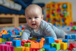 ai generiert herrlich lockig bezaubernd Baby spielen mit bunt Blöcke. generieren ai foto