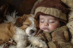 ai generiert friedlich Baby Schlaf mit Hund Haustier. generieren ai foto