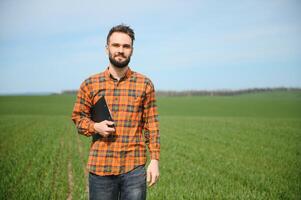 ein jung Farmer inspiziert das Qualität von Weizen Sprossen im das Feld. das Konzept von Landwirtschaft foto