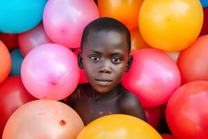ai generiert afrikanisch Junge umgeben Luftballons. generieren ai foto