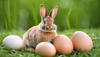 ai generiert Ostern Eier Kaninchen auf Gras und Natur foto