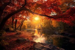 ai generiert ein szenisch Aussicht von Licht Streaming durch Herbst Blätter, Erstellen ein beschwingt Tapisserie von Farbe. generativ ai foto