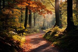 ai generiert Herbst Blätter auf ein Wald Pfad mit gesprenkelt Sonnenlicht. generativ ai foto