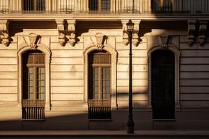 ai generiert Zusammenspiel von Licht und Schatten auf ein historisch Gebäude Fassade. generativ ai foto