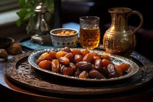 ai generiert ein Teller von Termine und Arabisch Kaffee zum Gäste. generativ ai foto
