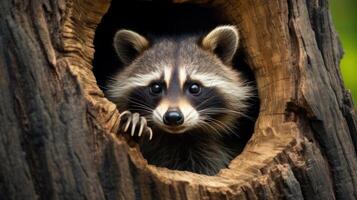 ai generiert ein Waschbär spähen aus von ein hohl im ein Baum. generativ ai foto