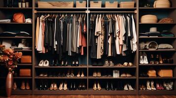 ai generiert ein übersichtlich Wandschrank mit Schuhe gelagert auf Regale. generativ ai foto