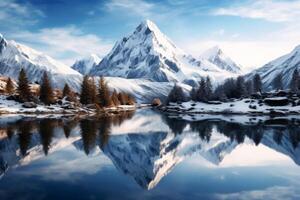 ai generiert schneebedeckt Spitzen reflektieren im ein Ruhe alpin See. generativ ai foto