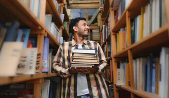 klug arabisch oder indisch männlich Schüler oder Freiberufler, im stilvoll beiläufig Kleider im das Bibliothek foto