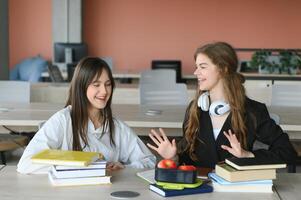 Porträt von zwei Mädchen beim Arbeitsplatz mit Bücher. Schule Bildung foto