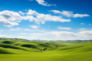 ai generiert fesselnd natürlich Landschaft mit rollen Hügel und klar Blau Himmel. generativ ai foto