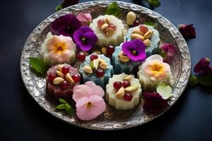 ai generiert ein Teller von eid Süßigkeiten mit Blumen- Beilagen. generativ ai foto