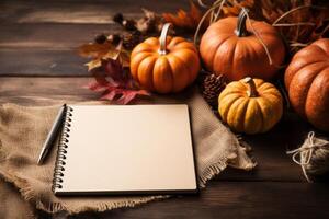 ai generiert rustikal Herbst Szene Attrappe, Lehrmodell, Simulation mit ein leer Notizbuch, Jahrgang Stift, und Kürbisse. generativ ai foto