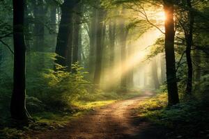 ai generiert verträumt Wald Pfad führen zu ein abgelegen Clearing gebadet im Sonnenlicht. generativ ai foto