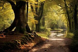 ai generiert Herbst Blätter auf ein Wald Pfad mit gesprenkelt Licht. generativ ai foto