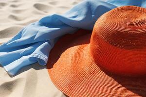 ai generiert ein Nahansicht von ein Sonnenhut und Strand Handtuch im das Sonne. generativ ai foto