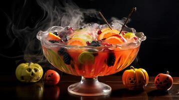 ai generiert ein Schüssel von Halloween schlagen mit schwebend Obst und trocken Eis. generativ ai foto