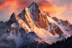 ai generiert hoch aufragend Spitzen gebadet im Alpenglühen während ein heiter alpin Sonnenuntergang. generativ ai foto