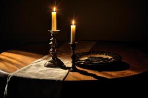 ai generiert Kerzenlicht Gießen Sanft Schatten auf ein Tisch. generativ ai foto