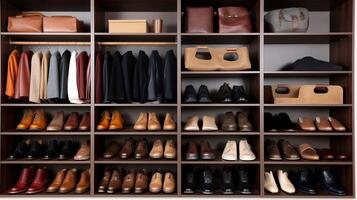 ai generiert ein übersichtlich Wandschrank mit Schuhe gelagert auf Regale. generativ ai foto