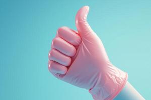 ai generiert positiv Feedback Geste Rosa behandschuhte Hand zeigen ein mögen auf Blau foto