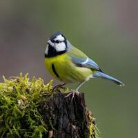 ai generiert Vogel Lied großartig tit thront auf moosig Stumpf, beschwingt Farben zum Sozial Medien Post Größe foto